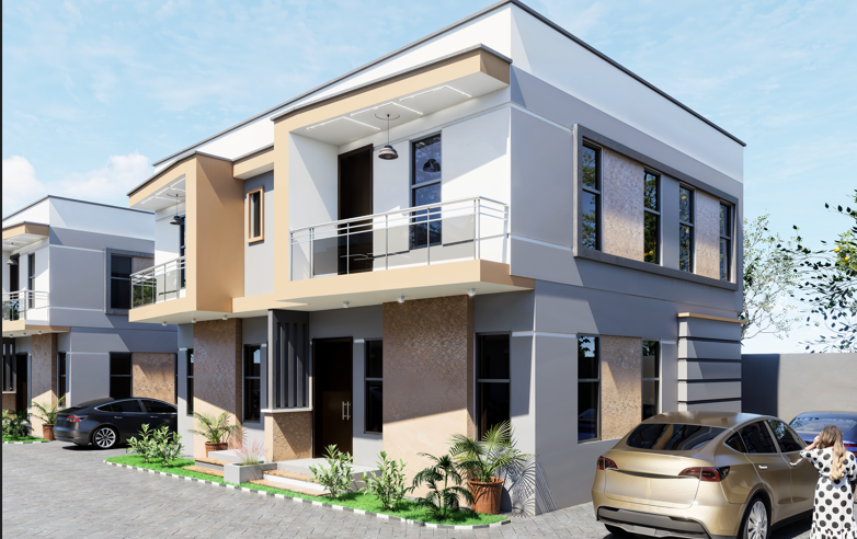 Architectural visualisation of the Regent Homes two-bedroom semi-detached duplex, with balconies and a contemporary facade