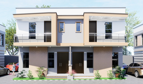 Front architectural visualisation showing the pair of two-bedroom semi-detached duplexes at Regent Homes