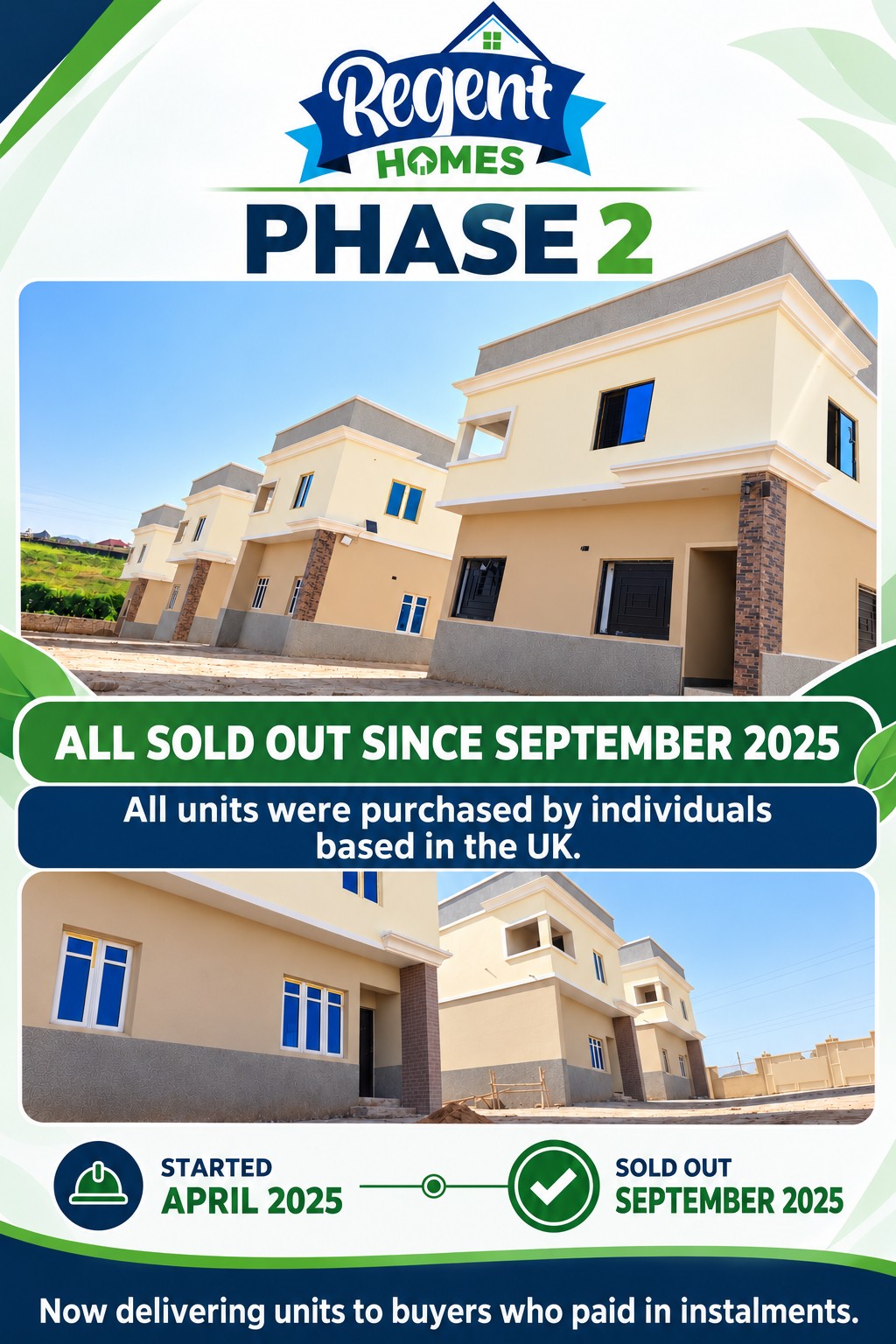 Regent Homes Phase 2 summary with exterior views: started April 2025, sold out September 2025, all units purchased by UK-based individuals; units now being delivered to instalment buyers.