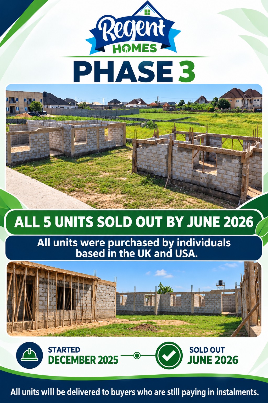 Regent Homes Phase 3 summary with construction progress views: started December 2025, all five units sold by June 2026 to UK- and USA-based buyers; delivery to follow for buyers still paying in instalments.